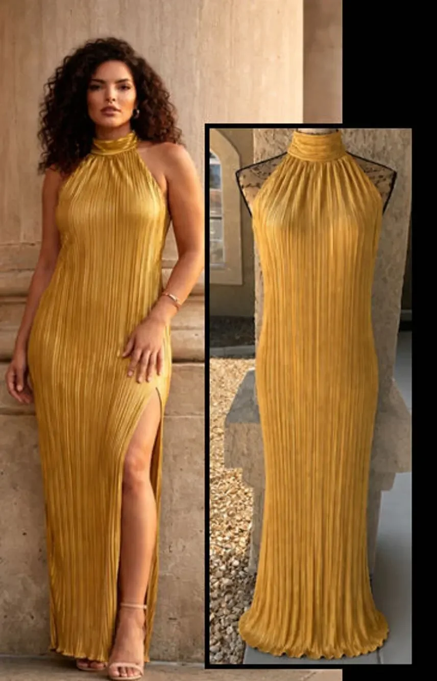 Lulus Gwenny Golden Yellow Satin Plisse Maxi Dress Size L NEW